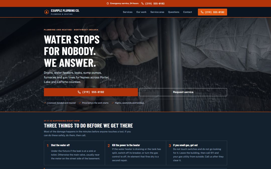 The Example Plumbing Co. website, showing a bold headline over a photograph of a pipe repair, with call and request service buttons.