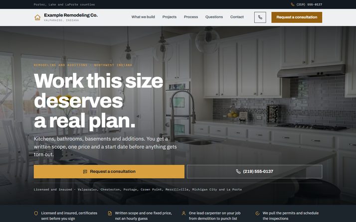 The Example Remodeling Co. website, showing its headline, a quote button and a finished interior.