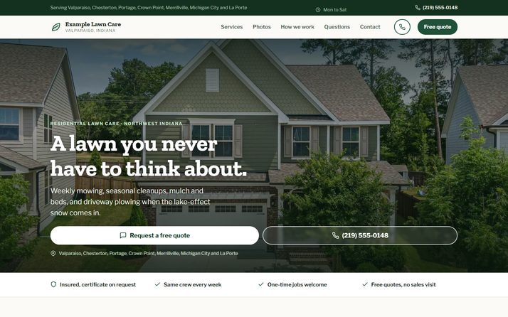 The Example Lawn Care website, showing its headline, a request a quote button and a phone number over a photo of a mown front lawn.