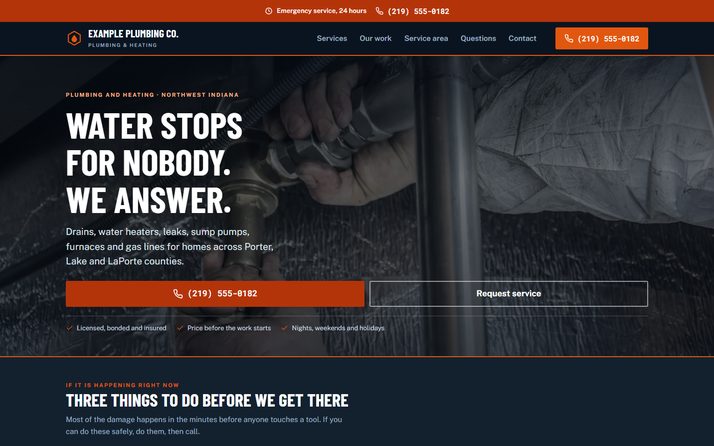 The Example Plumbing Co. website, showing its headline, call and quote buttons and the service area.