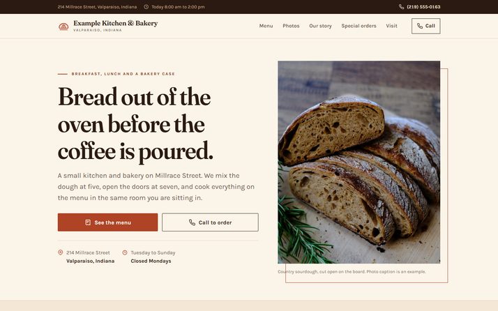 The Example Kitchen and Bakery website, showing its headline, menu links and opening hours.