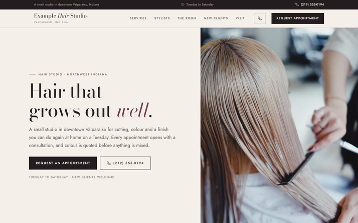 The Example Hair Studio website, showing its headline, an appointment button and the studio photograph.