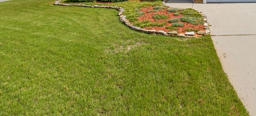 A cut lawn beside a stone edged planting bed.