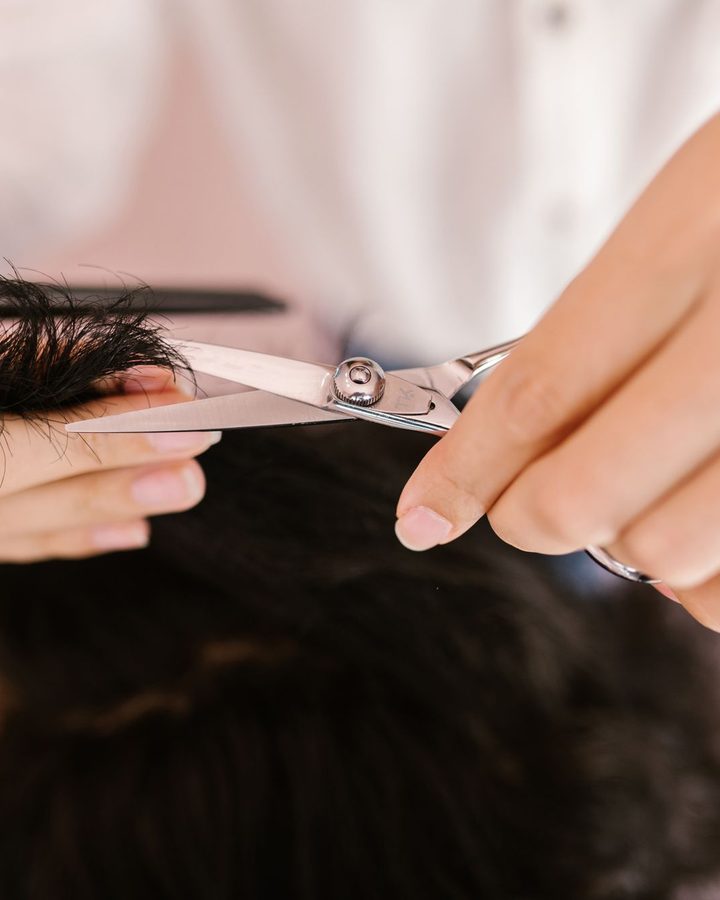 A stylist's hands lifting a section of dark hair between two fingers and cutting it with shears.